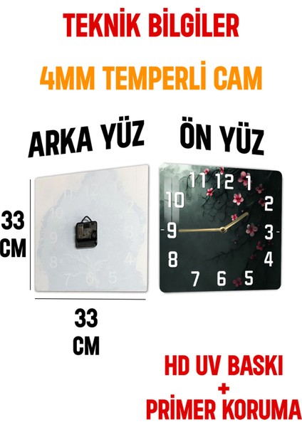 Sakura Çiçekli Koyu Zeminli Temperli Cam Kare Saat 33X33 cm Ebadında Uv Baskı - KCS060