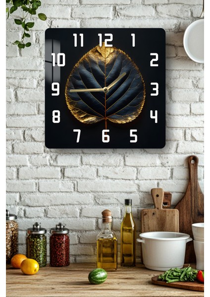 Altın Yaprak Desenli Siyah Zeminli Temperli Cam Kare Saat 33X33 cm Ebadında Uv Baskı - KCS057