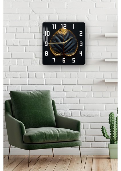 Altın Yaprak Desenli Siyah Zeminli Temperli Cam Kare Saat 33X33 cm Ebadında Uv Baskı - KCS057 fiyatları