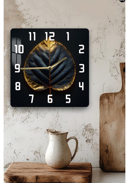 Altın Yaprak Desenli Siyah Zeminli Temperli Cam Kare Saat 33X33 cm Ebadında Uv Baskı - KCS057 modelleri