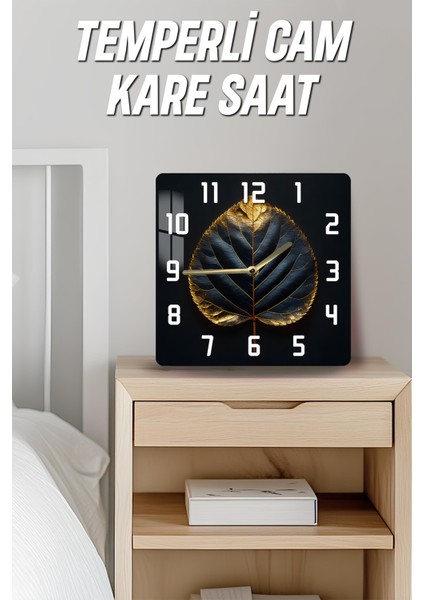 Altın Yaprak Desenli Siyah Zeminli Temperli Cam Kare Saat 33X33 cm Ebadında Uv Baskı - KCS057 fırsatları