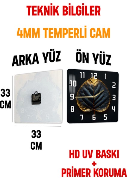 Altın Yaprak Desenli Siyah Zeminli Temperli Cam Kare Saat 33X33 cm Ebadında Uv Baskı - KCS057