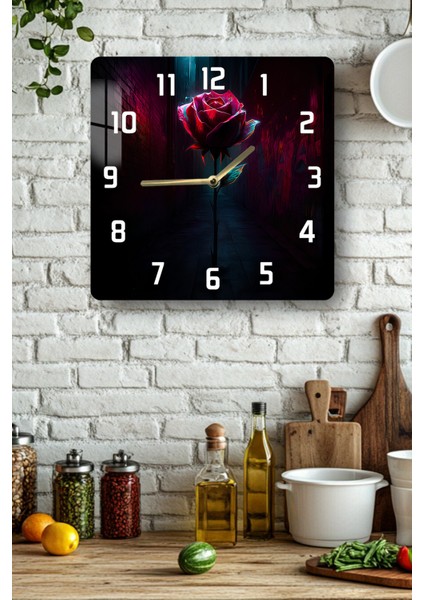Karanlıkta Parlayan Kırmızı Gül Temalı Temperli Cam Kare Saat 33X33 cm Ebadında Uv Baskı - KCS046