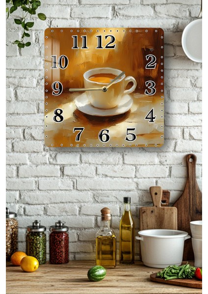 Kahve Fincanı Temalı Temperli Cam Kare Saat 33X33 cm Ebadında Uv Baskı - KCS062