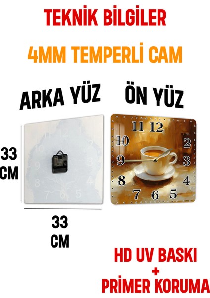 Kahve Fincanı Temalı Temperli Cam Kare Saat 33X33 cm Ebadında Uv Baskı - KCS062
