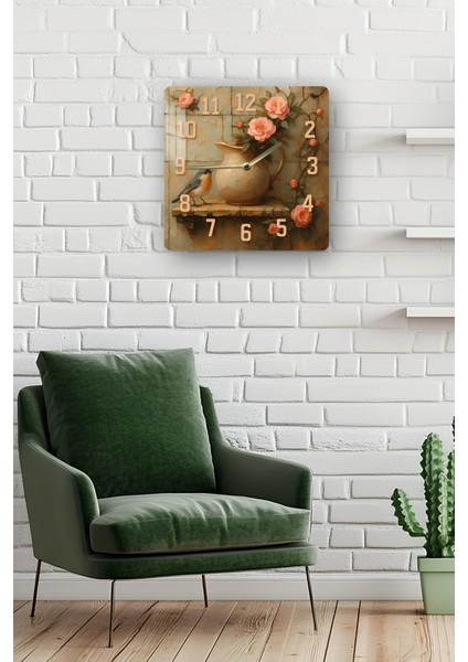 Pembe Güllü Kuş ve Sürahi Temalı Temperli Cam Kare Saat 33X33 cm Ebadında Uv Baskı - KCS042 fiyatları