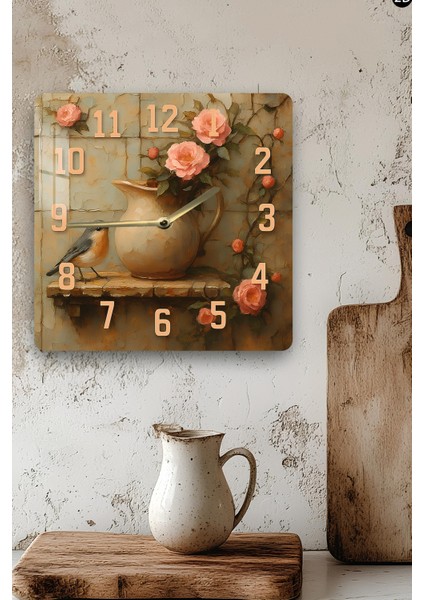 Pembe Güllü Kuş ve Sürahi Temalı Temperli Cam Kare Saat 33X33 cm Ebadında Uv Baskı - KCS042 modelleri