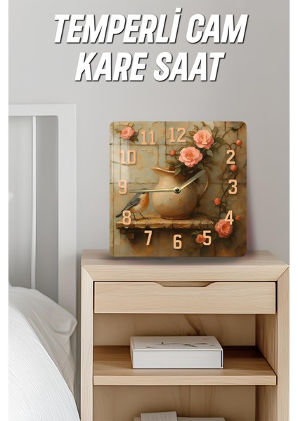 Pembe Güllü Kuş ve Sürahi Temalı Temperli Cam Kare Saat 33X33 cm Ebadında Uv Baskı - KCS042 fırsatları