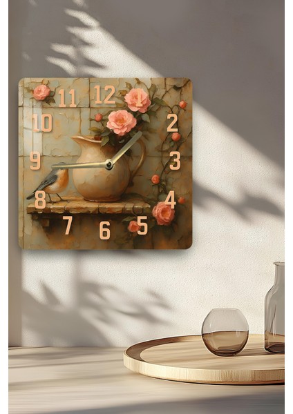 Pembe Güllü Kuş ve Sürahi Temalı Temperli Cam Kare Saat 33X33 cm Ebadında Uv Baskı - KCS042 indirimleri