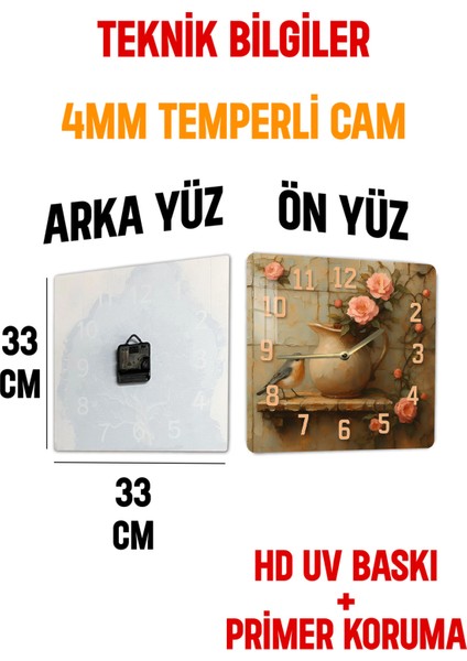 Pembe Güllü Kuş ve Sürahi Temalı Temperli Cam Kare Saat 33X33 cm Ebadında Uv Baskı - KCS042
