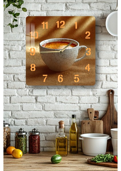 Kahve Fincanı Temalı Temperli Cam Kare Saat 33X33 cm Ebadında Uv Baskı - KCS049