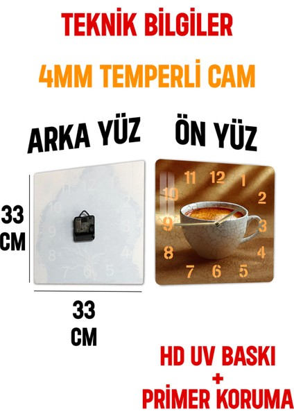 Kahve Fincanı Temalı Temperli Cam Kare Saat 33X33 cm Ebadında Uv Baskı - KCS049