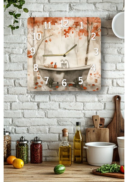 Sonbahar Banyosu Temalı Temperli Cam Kare Saat 33X33 cm Ebadında Uv Baskı - KCS005