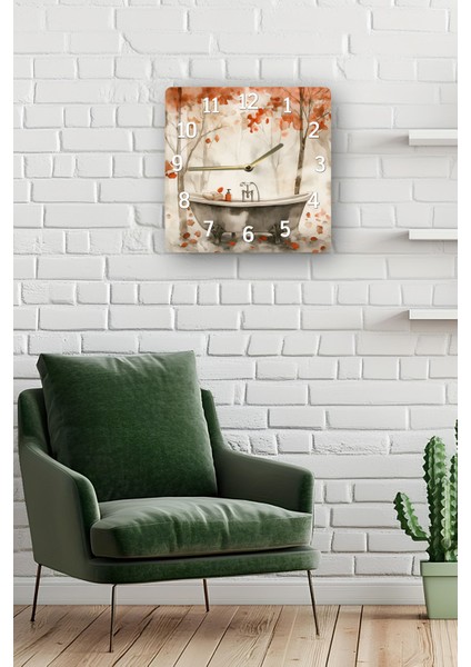 Sonbahar Banyosu Temalı Temperli Cam Kare Saat 33X33 cm Ebadında Uv Baskı - KCS005 fiyatları