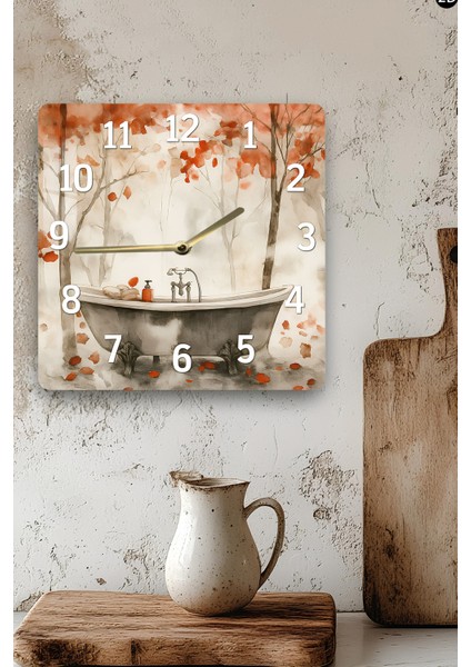 Sonbahar Banyosu Temalı Temperli Cam Kare Saat 33X33 cm Ebadında Uv Baskı - KCS005 modelleri