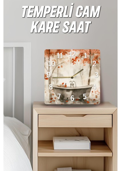 Sonbahar Banyosu Temalı Temperli Cam Kare Saat 33X33 cm Ebadında Uv Baskı - KCS005 fırsatları