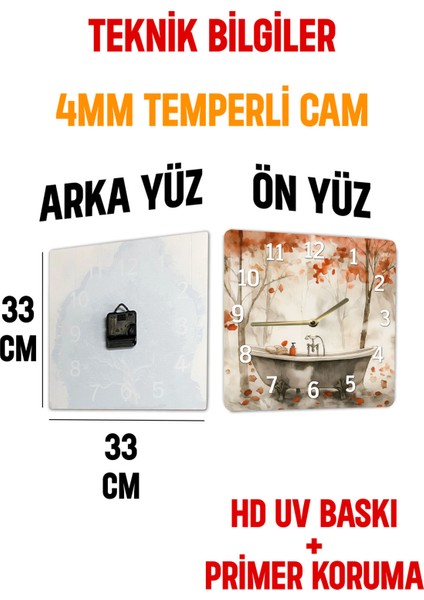 Sonbahar Banyosu Temalı Temperli Cam Kare Saat 33X33 cm Ebadında Uv Baskı - KCS005