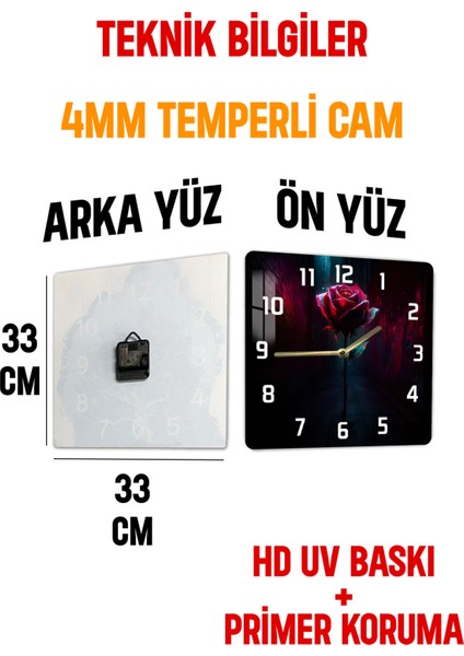 Karanlıkta Parlayan Kırmızı Gül Temalı Temperli Cam Kare Saat 33X33 cm Ebadında Uv Baskı - KCS046