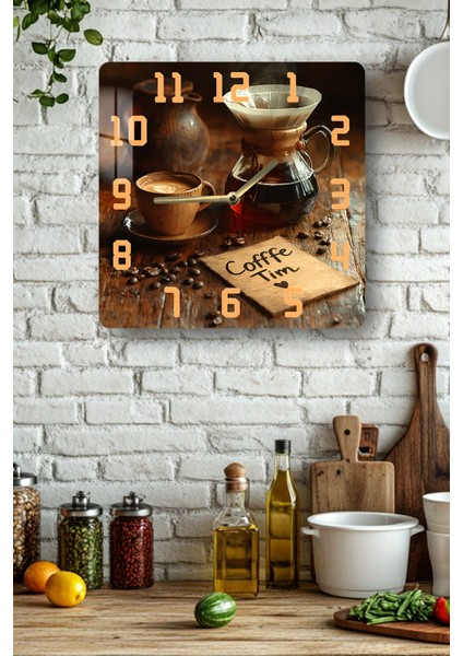 Kahve Temalı Temperli Cam Kare Saat 33X33 cm Ebadında Uv Baskı - KCS065