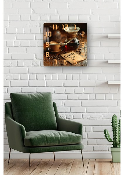 Kahve Temalı Temperli Cam Kare Saat 33X33 cm Ebadında Uv Baskı - KCS065 fiyatları