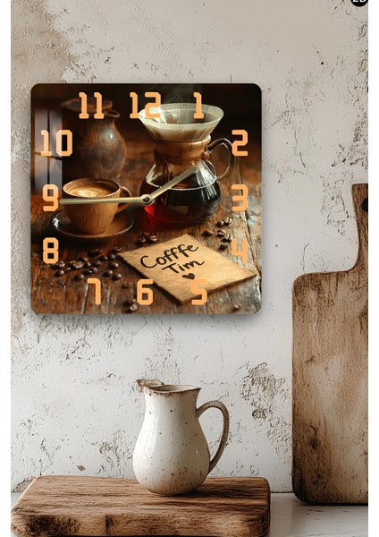 Kahve Temalı Temperli Cam Kare Saat 33X33 cm Ebadında Uv Baskı - KCS065 modelleri