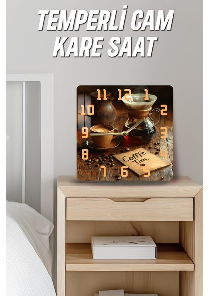 Kahve Temalı Temperli Cam Kare Saat 33X33 cm Ebadında Uv Baskı - KCS065 fırsatları