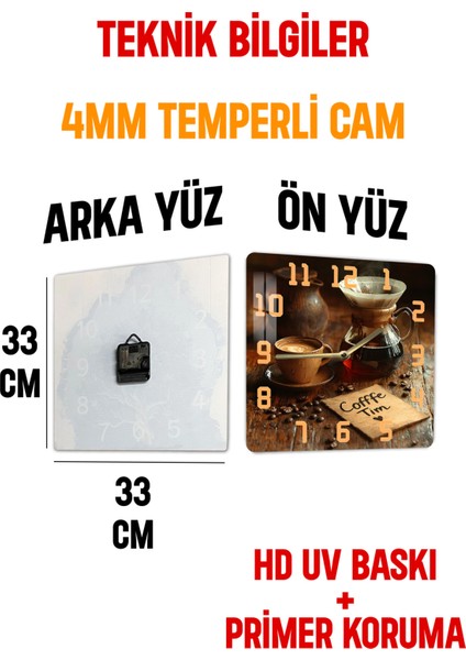 Kahve Temalı Temperli Cam Kare Saat 33X33 cm Ebadında Uv Baskı - KCS065