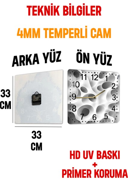 Soyut Delikli Desen Temalı Temperli Cam Kare Saat 33X33 cm Ebadında Uv Baskı - KCS014