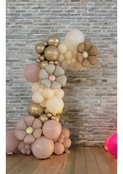Pudra Bej Gold Çiçekli Papatya Balon Zinciri Seti 83 Parça 1 Yaş -Doğum Günü -Parti Süsü