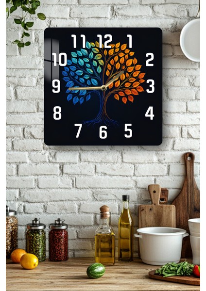 Renkli Hayat Ağacı Temalı Temperli Cam Kare Saat 33X33 cm Ebadında Uv Baskı - KCS067