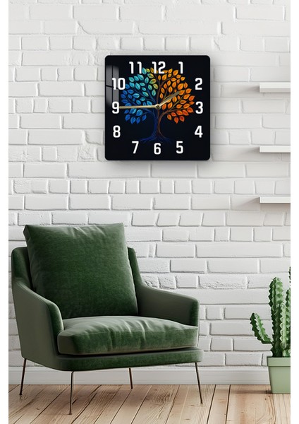 Renkli Hayat Ağacı Temalı Temperli Cam Kare Saat 33X33 cm Ebadında Uv Baskı - KCS067 fiyatları