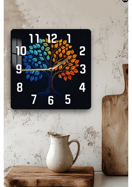Renkli Hayat Ağacı Temalı Temperli Cam Kare Saat 33X33 cm Ebadında Uv Baskı - KCS067 modelleri
