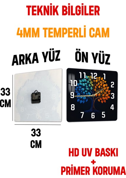 Renkli Hayat Ağacı Temalı Temperli Cam Kare Saat 33X33 cm Ebadında Uv Baskı - KCS067