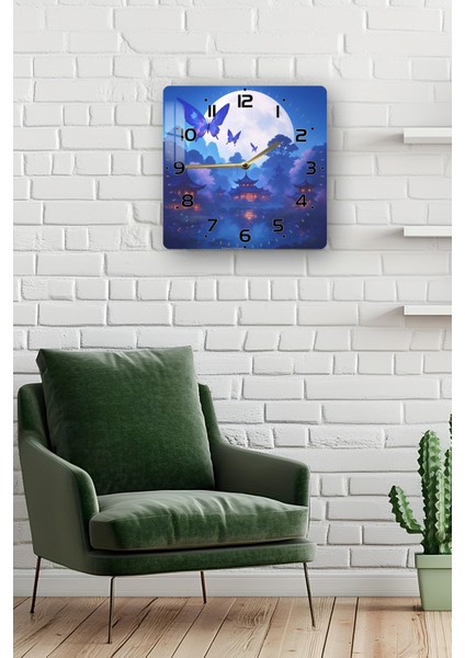 Mavi Kelebek ve Ay Manzarası Temalı Temperli Cam Kare Saat 33X33 cm Ebadında Uv Baskı - KCS026 fiyatları