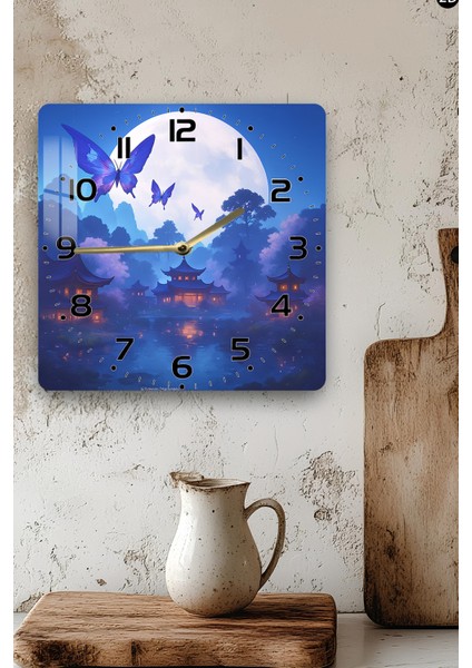 Mavi Kelebek ve Ay Manzarası Temalı Temperli Cam Kare Saat 33X33 cm Ebadında Uv Baskı - KCS026 modelleri