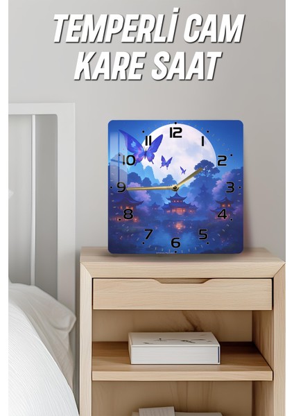 Mavi Kelebek ve Ay Manzarası Temalı Temperli Cam Kare Saat 33X33 cm Ebadında Uv Baskı - KCS026 fırsatları