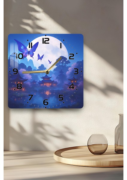Mavi Kelebek ve Ay Manzarası Temalı Temperli Cam Kare Saat 33X33 cm Ebadında Uv Baskı - KCS026 indirimleri