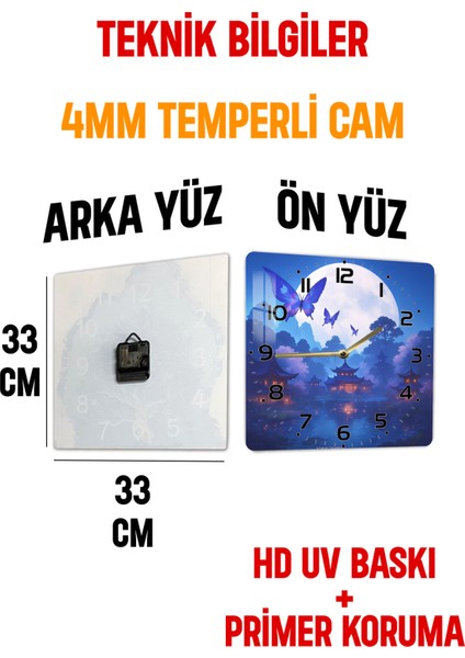 Mavi Kelebek ve Ay Manzarası Temalı Temperli Cam Kare Saat 33X33 cm Ebadında Uv Baskı - KCS026