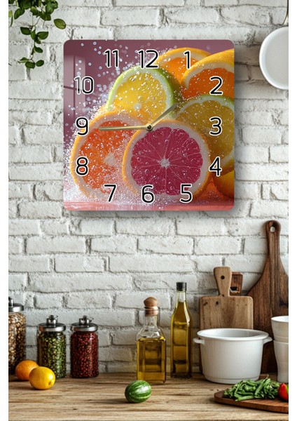 Meyve Dilimleri Temalı Temperli Cam Kare Saat 33X33 cm Ebadında Uv Baskı - KCS013