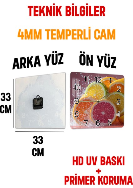 Meyve Dilimleri Temalı Temperli Cam Kare Saat 33X33 cm Ebadında Uv Baskı - KCS013
