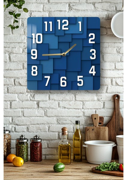 Geometrik Mavi Desenli Temperli Cam Kare Saat 33X33 cm Ebadında Uv Baskı - KCS050