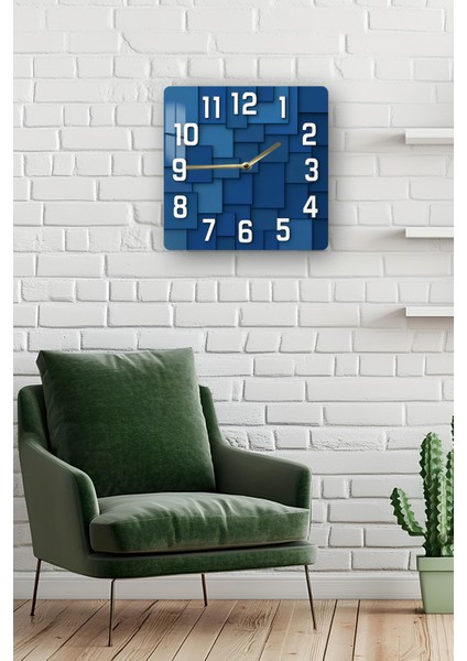Geometrik Mavi Desenli Temperli Cam Kare Saat 33X33 cm Ebadında Uv Baskı - KCS050 fiyatları
