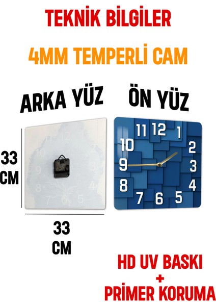 Geometrik Mavi Desenli Temperli Cam Kare Saat 33X33 cm Ebadında Uv Baskı - KCS050