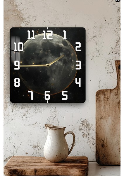 Ay Yüzeyi Temalı Temperli Cam Kare Saat 33X33 cm Ebadında Uv Baskı - KCS019