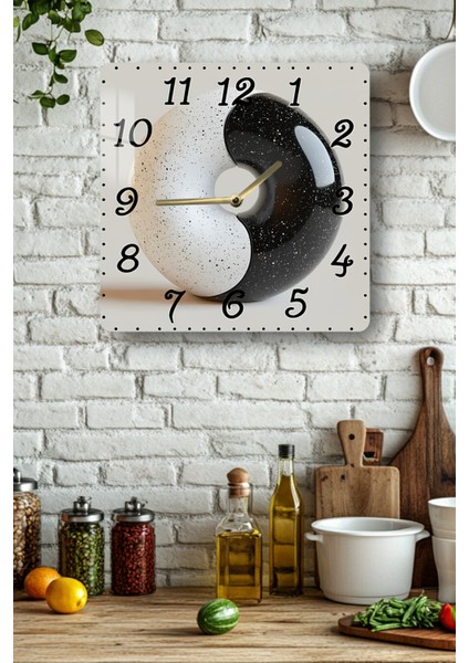 Siyah Beyaz Yin Yang Temalı Temperli Cam Kare Saat 33X33 cm Ebadında Uv Baskı - KCS059