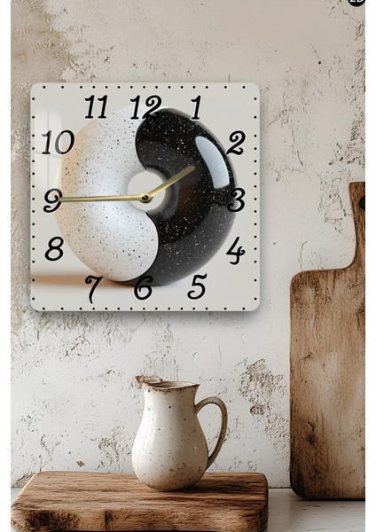 Siyah Beyaz Yin Yang Temalı Temperli Cam Kare Saat 33X33 cm Ebadında Uv Baskı - KCS059 modelleri