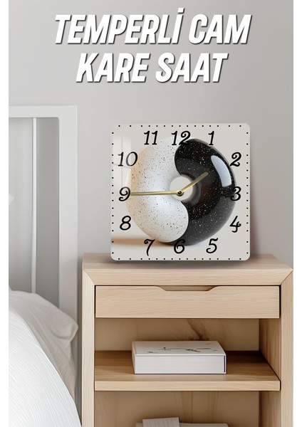 Siyah Beyaz Yin Yang Temalı Temperli Cam Kare Saat 33X33 cm Ebadında Uv Baskı - KCS059 fırsatları