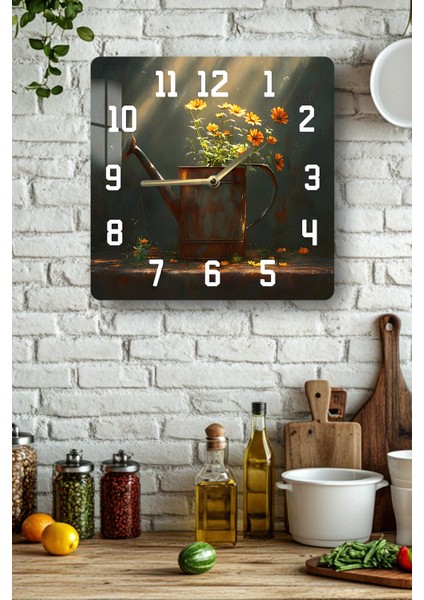 Çiçekli Sulama Kabı Temalı Temperli Cam Kare Saat 33X33 cm Ebadında Uv Baskı - KCS055