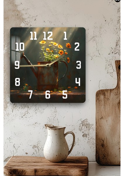 Çiçekli Sulama Kabı Temalı Temperli Cam Kare Saat 33X33 cm Ebadında Uv Baskı - KCS055 modelleri