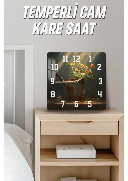 Çiçekli Sulama Kabı Temalı Temperli Cam Kare Saat 33X33 cm Ebadında Uv Baskı - KCS055 fırsatları